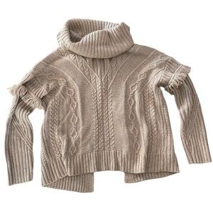 Artisan NY Chunky Cable Knit Turtleneck Sweater Wool Blend Tan Fringe Open Back